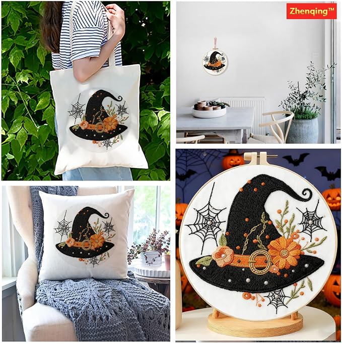 Zhenqing Halloween Witch Hat Embroidery Kit for Beginners, Black Witch Hat Needlework Kit with Pre-Printed Cotton Fabric, Hoop, Threads & Tools, Spooky Fall Decor (C0119)