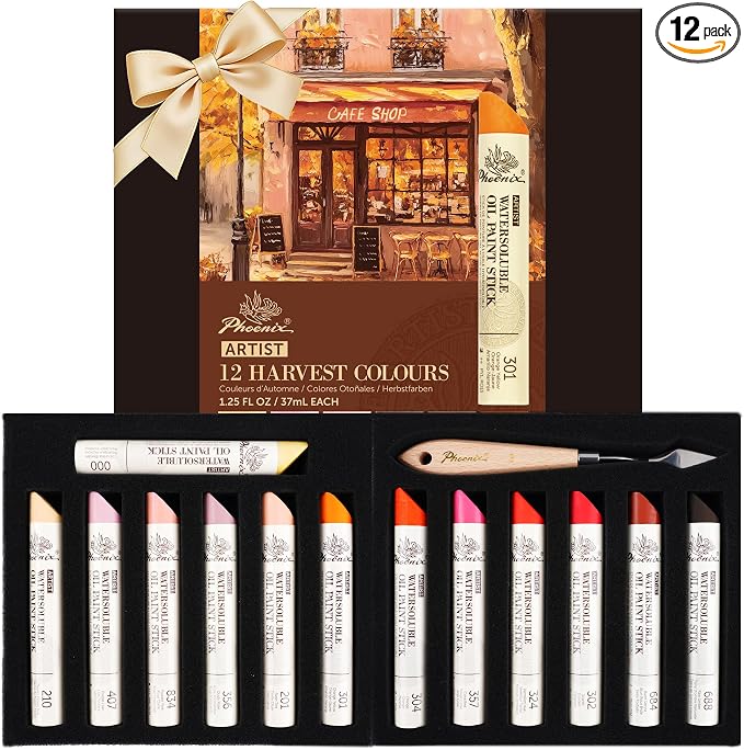 PHOENIX Earth Tone Oil Paint Stick - Set of 12 Warm Colors 37ml Large Soft Water Soluabl Oil Pastels for Artists