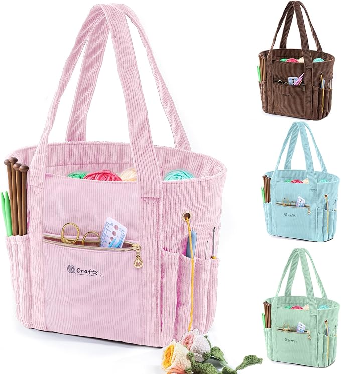 MYBAGZING Corduroy Crochet Bag 11.5" Large Yarn Storage Tote with Grommets, Needle Holders – Knitting Bag Organizer for Crochet Hooks, Accessories, Tools & Projects –Gift for Knitters & Crafters