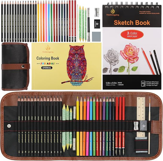 Heshengping, 41pcs Sketching Pencil Set Drawing Sketch Kit Graphite Charcoal Watercolor Pencils Blending Stumps 50page sketchbook, coloring book, Beginners Artist Teens and Adults
