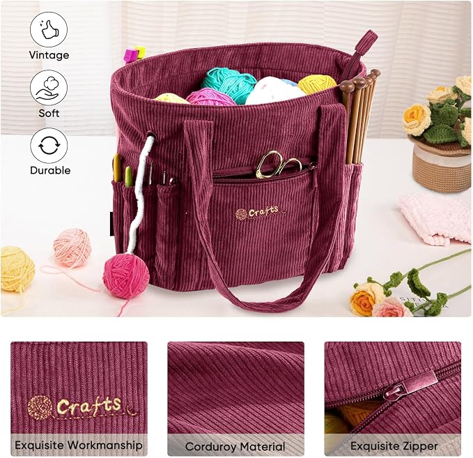 MYBAGZING Crochet Bag and Tote - Corduroy Yarn Bag - Yarn Holder for Crocheting - Crochet Storage Bag for Crochet Hooks, Crochet Accessories, Knitting Bag for Crochet Lovers, Mother's Day Gift