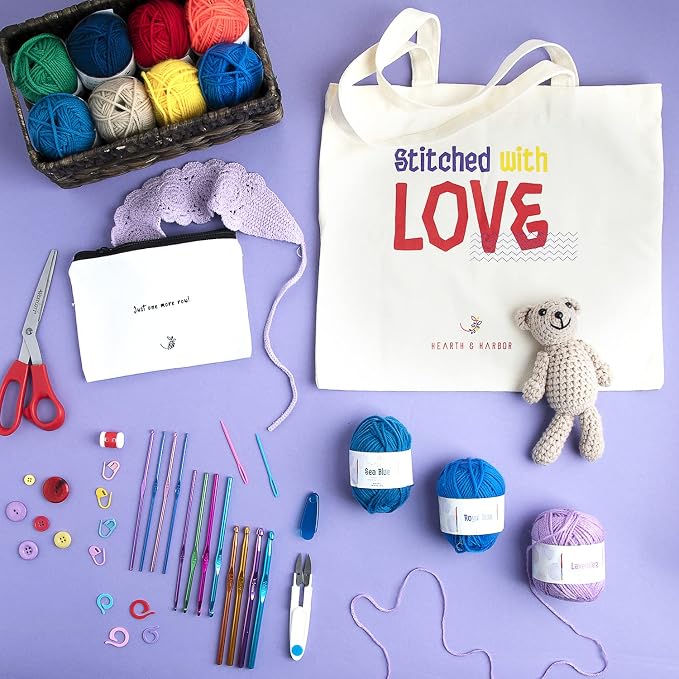 Hearth & Harbor Crochet Kit with 1100 Yards Assorted Yarn Kit, Ergonomic Hooks, Crocheting Instruction, Knitting & Crochet Supplies - Beginner Crochet Kits for Adults, Ideal for Amigurumi