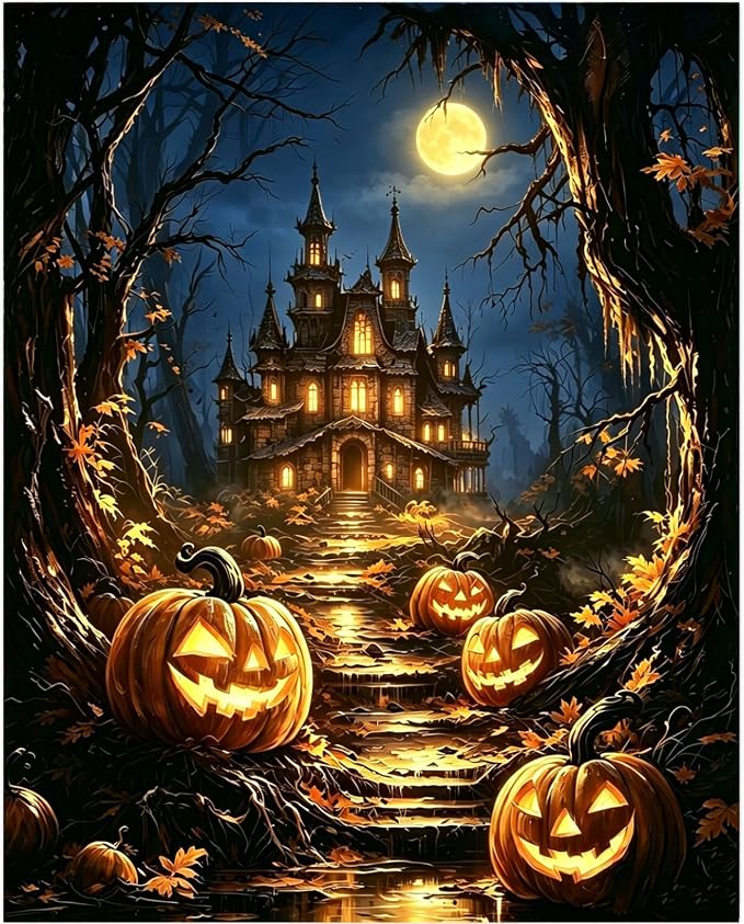 Gemozaic Halloween Haunted House Paint by Numbers Kit for Adults, 16x20 in | Horror Pumpkin Paint by Number for Adults, DIY Acrylic Numbers Painting, Color by Number for Home Wall Decor, Gift, Unframed