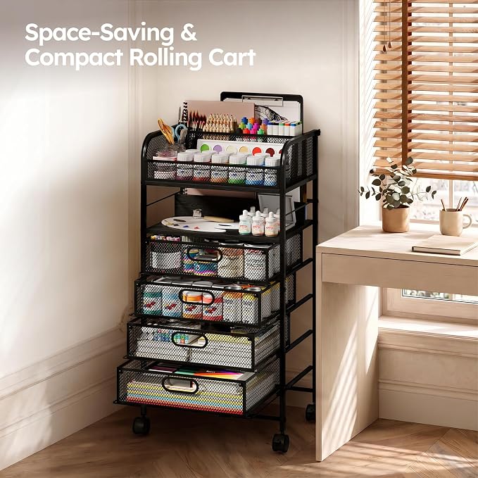 Homsorout Rolling Art Cart with 4 Drawers, Black