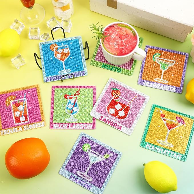 UPINS 8Pcs Cocktail Diamond Art Coasters,Summer Beach Diamond Art Coasters with Holder for Adults DIY Drink Bar Party Home Warming Gifts