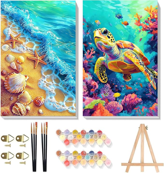2 Pack Sea Turtle Framed Paint by Numbers Kit for Adults Beginner 8x12 inch | Beach Adult Paint by Number Kits on Canvas with Wooden Easel, Easy Acrylic Oil Painting Kits for Adults for Gift Home Decor