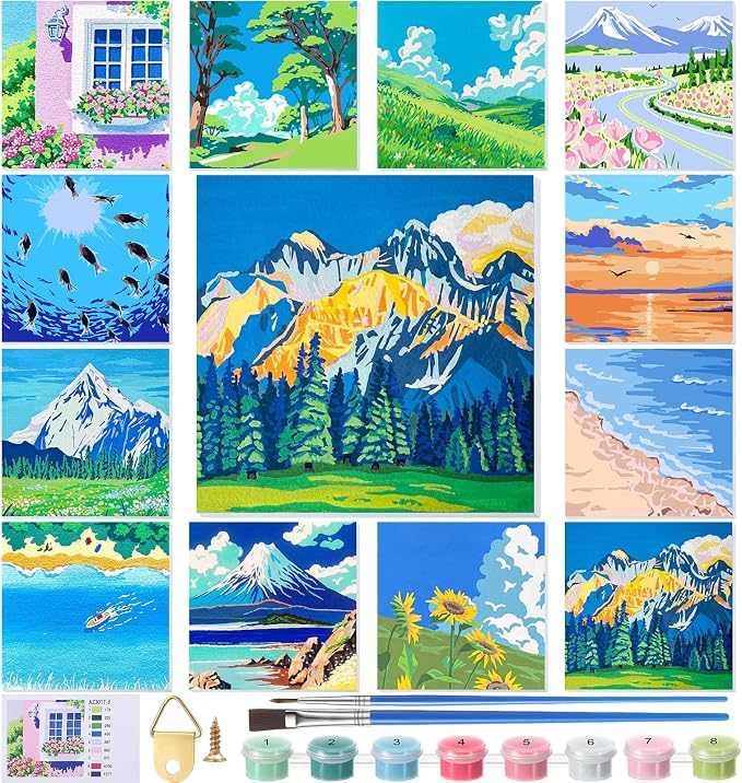 Nezyo 12 Sets Scenery Paint by Numbers Adults with Frame, 8x8 Inch Kit | Easy DIY Acrylic Kits for Beginners, Framed Canvas Ready to Hang, For Painting Party Classroom Birthday Gift