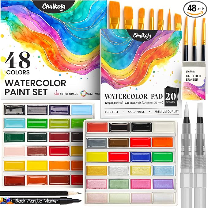 Chalkola 48 Semi Moist Water Colors Paint Adult Set - Professional XL Pans | Watercolor Paint Set with Painting Brushes, Water Color Pad & Art Supplies - Suitable for Adults, Kids, Beginner & Artists
