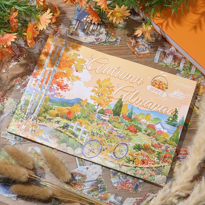 PET Autumn Sticker 20 Sheets 150 Pre-Cut Fall Stickers for Scrapbooking Landscape Scrapbook Sticker Transparent Stickers for journaling