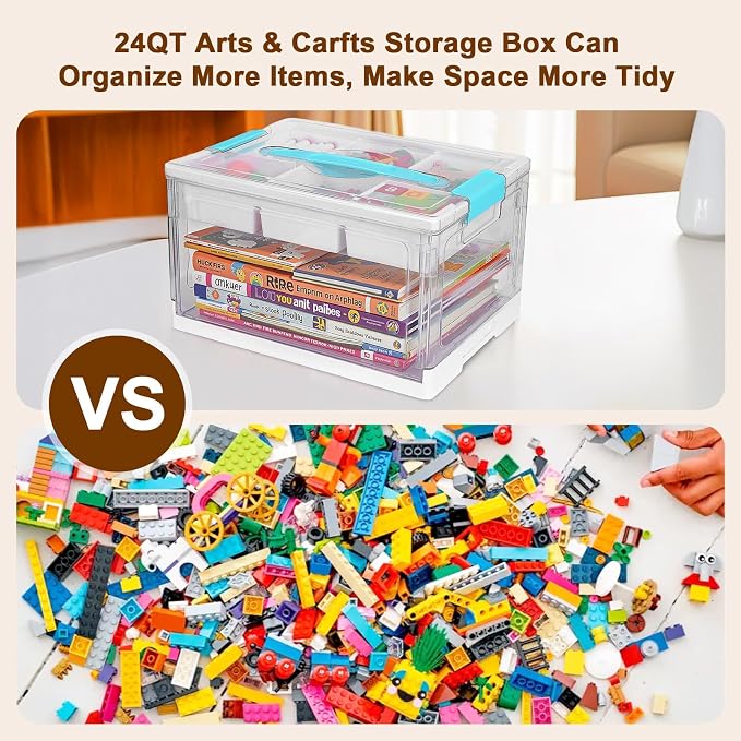 24QT Clear Plastic Craft Organizers and Storage, Art Supply Organizer with Removable Tray and Dividers, Craft Supplies Organizer with Handle, Arts and Crafts Bin for Sewing, Coloring Book, Crayon