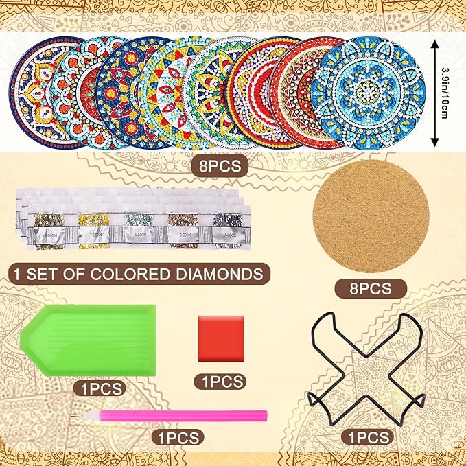 UPINS 8Pcs Mandala Diamond Art Painting Art Coasters Kits with Holder | Diamond Art Non Slip Coaster Kits,DIY with Holder crafts for Adults,Diamond Art Painting Kits Supplies for Christmas Gift