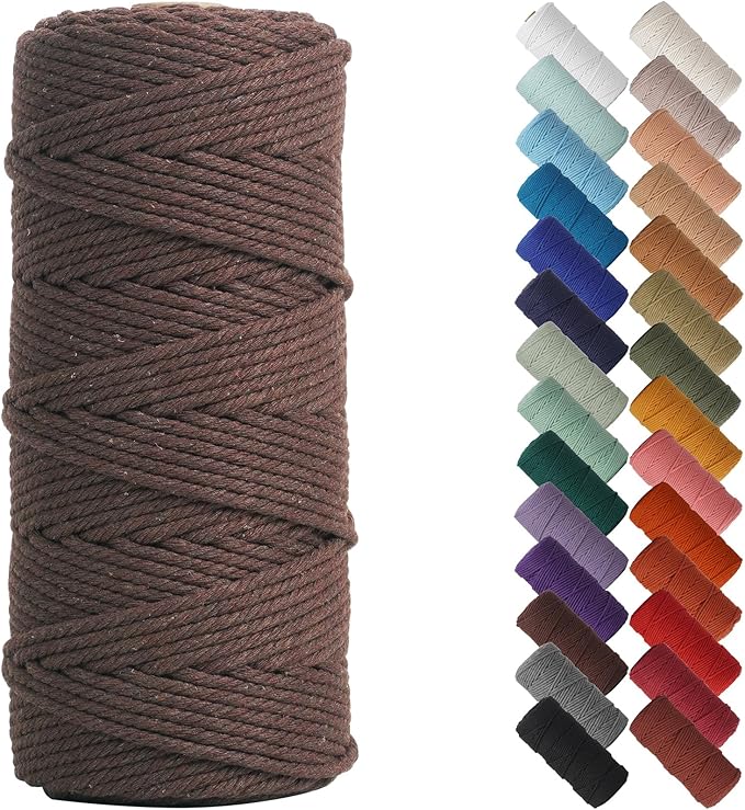 NOANTA Dark Coffee Macrame Cord 3mm x 109yards, Cotton Rope Macrame Yarn | Macrame Rope Supplies, 3 Strand Twisted Cotton Yarn String, Cotton Cord for Wall Hanging, Plant Hangers, Crafts, Knitting