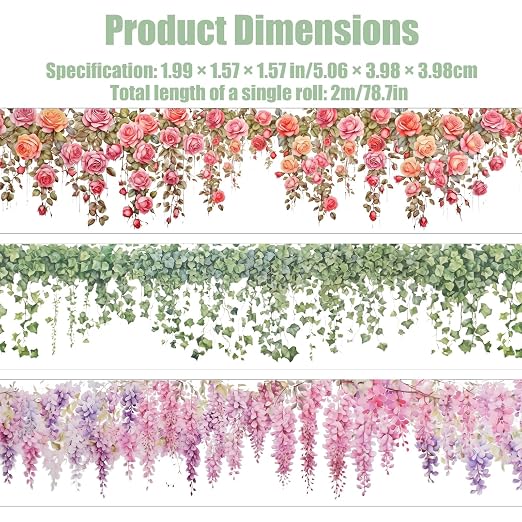 Floral Washi Tape 3 Rolls Set Self-Adhesive PET Flower Stickers Decorative Rose Vine Tape for Journaling Scrapbook Crafts Gift Wrapping