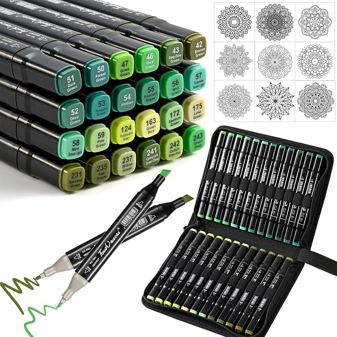 Green Colors Alcohol Markers Set,24 Color Dual Tips Art Markers,Markers Pens for Artist Adults Coloring Illustration Painting DIY Crafts Making Art Supplies