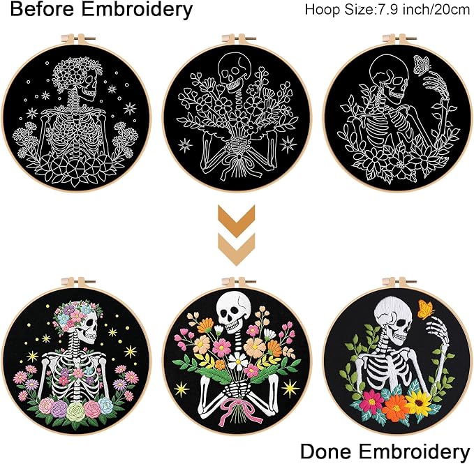 Louise Maelys 3 Pack Embroidery Kit for Beginners Floral Halloween DIY | Complete Set for Halloween Skeleton Crafts. Cross Stitch Kits with Floral Designs and Needlepoint Kit For DIY Projects