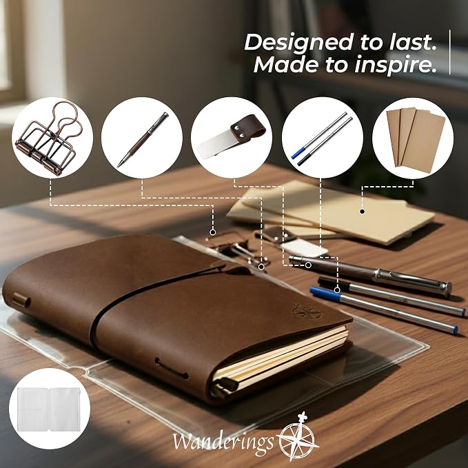 WANDERINGS Regular Size Travelers Notebook Bundle – 4.5" x 8.5" (11.5 x 22cm) – Genuine Leather Journal with Pen Holder, Pen, 2 Ink Refills, PVC Folder & Binder Clip