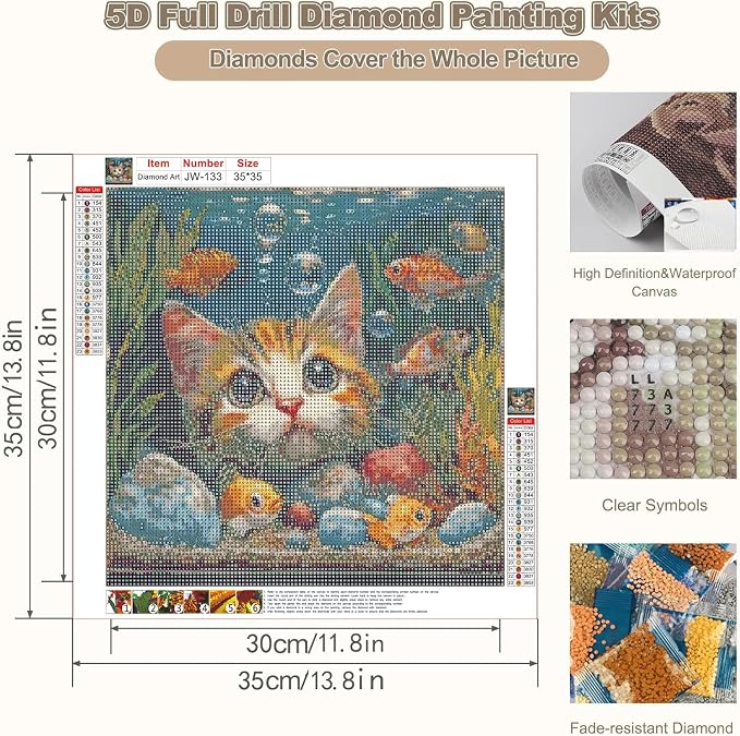 Curious Cat & Goldfish Diamond Art Kits for Adults,Diamond Painting Kit for Beginners, Round 5D DIY Dimond art,Full Drill Painting Kit Art and Crafts for Adults Home Wall Decor【13.8x13.8inch】