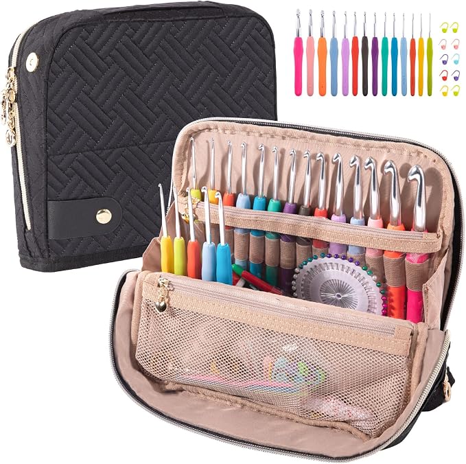 MYBAGZING Crochet Hook Case with 14 Size Crochet Hooks Set 2mm(B)-10mm(N) Ergonomic Crochet Hooks with Crochet Case Stand Up - Crochet Hook Organize for Crochet Lovers, Crochet Kit for Beginners