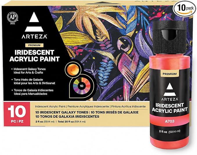 ARTEZA Iridescent Acrylic Paint Set, 10 Galaxy Colors, 60 ml/ 2 fl oz Tubes
