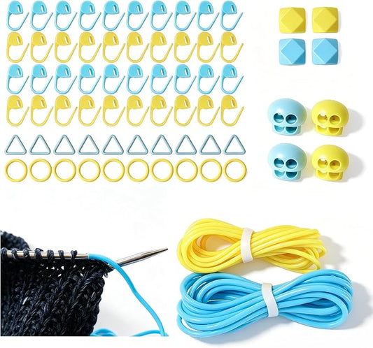 RYSUOZI Knitting Barber Cords, 2PCS Odorless Knitting Accessories Kit for Needle, with 20PCS Metal Stitch Markers, 40PCS Plastic Stitch Markers, Stitch Holder Cord Lock Needle Stoppers in Tin Box