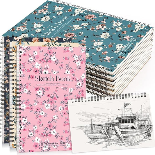 12 Pack Sketch Books 5.5 × 8.5 in, Top Spiral, 30 Sheets, Acid Free | 100gsm Paper, Hardcover Backboard, Lay-Flat Top Spiral, for Pencil, Ink & Charcoal