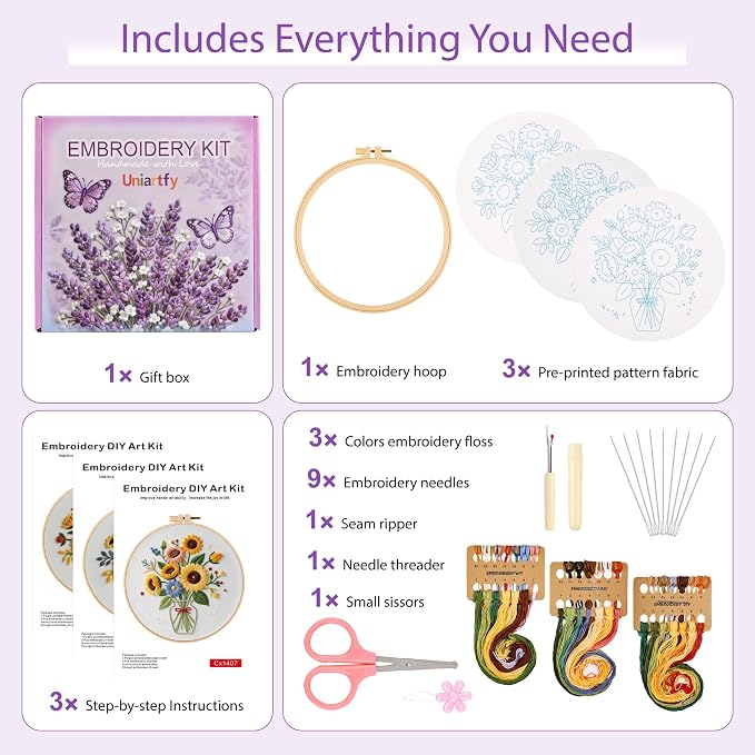 Uniartfy 3 Sets Sunflower Embroidery Kits for Beginners, Needlepoint Kits for Adults, Cross Stitch Kit with Cloth, Hoop, Threads and Instruction, Easy to Learn Embroidery Starter Kit for Craft Lover