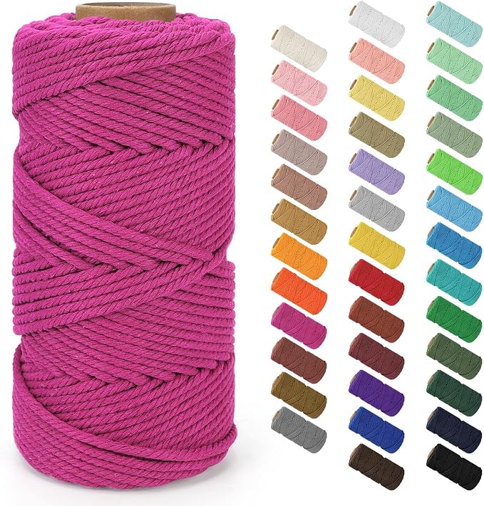 Macrame Cord 4mm x 109Yards (328Feet), Natural Cotton Macrame Rope - 4 Strands Twisted Macrame Cotton Cord for Wall Hanging, Plant Hangers, Crafts, Gift Wrapping and Wedding Decorations, Rose Red