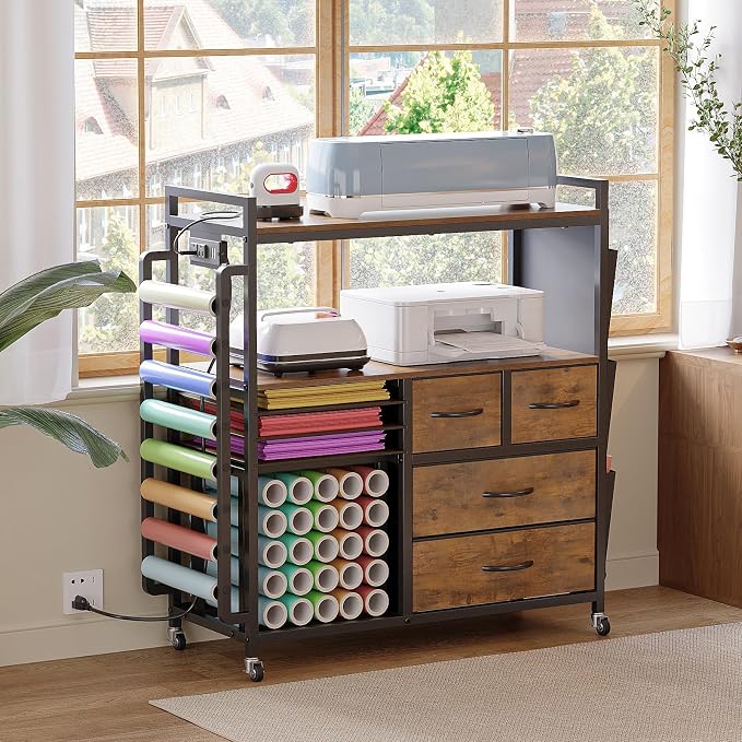 VENNQD Large Craft Organizer and Storage Rolling Cart Compatible with Cricut Machine with Fabric Drawers Vinyl Roll Holder Accessories for Home Craft Workstation Room (Rustic Brown)