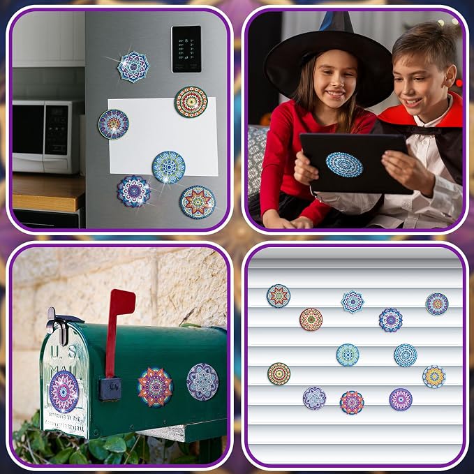 Zonon 12 Pcs Mandala Diamond Art Refrigerator Magnets for Adults | Diamond Painting Kits with Mandala Designs, Magnetic Stickers for Fridge Decor, Easy Kitchen Decorative Magnets for Home