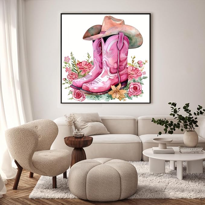 Framed Paint by Numbers Kit for Adults, Pink Cowboy Boots, 10 x 10 Inch | DIY Adult Paint by Number Kit for Beginners, Western Wall Decor, Stress Relief Craft Gift, Creative Hobby