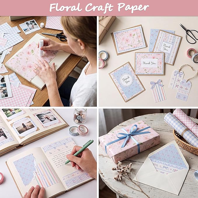 Scrapbook Paper Pink Blue Double Sided Floral Decorative Paper Pack for Card Making Junk Journals Wedding Invitations Photo Albums Decoupage Origami DIY Paper Crafts