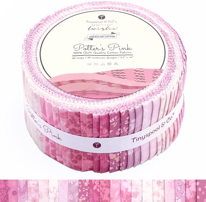 Tinyspool & Co.'s Twirlie Roll 40 Precut Quilting Fabric Strips for Quilting Supplies, Crafting, Sewing, Soft Cotton Strip for Blanket, Rug, Upholstery, Home Decor, and Purse Making, Potter’s Pink