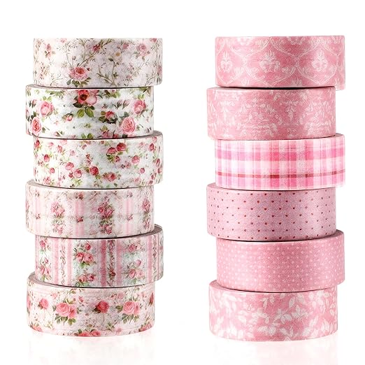 12 Roll Floral Washi Tape Set Flower Decorative Masking Tape for Scrapbook | Pink Floral Print Washi Tape Set for Back to School Arts DIY Craft Scrapbook Journal Supplies Gifts