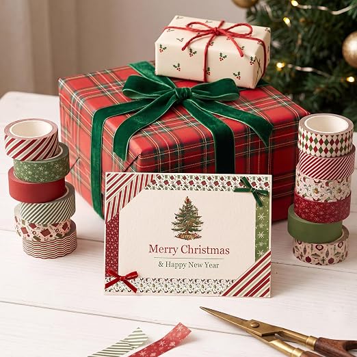 12 Rolls Vintage Washi Tape Set,Red and Green,Christmas | Vinatge Striped Santa Gifts Design for Xmas Scrapbook Journal DIY Craft Supplies, 15 mm Vintage Decorative Masking Washi Tape