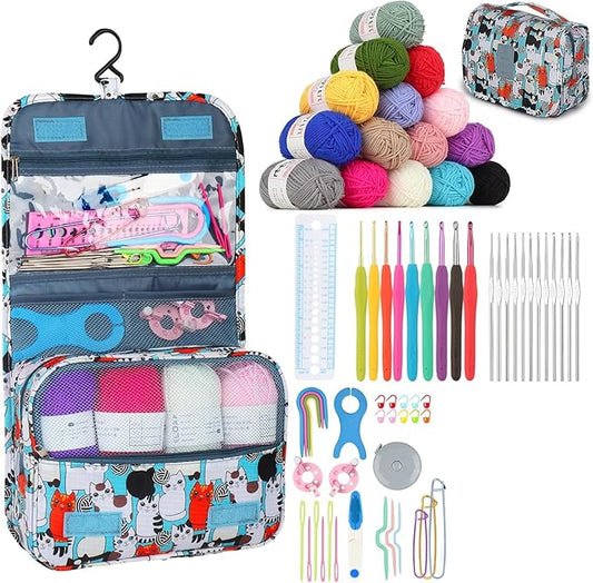 Aeelike 69pcs Crochet Kits for Beginners with Bag, Blue Cat | Easy Learn to Crochet Kit All Age, Crochet Starter Kit Include Crocheting Instruction, Crochet Hooks, Yarn and Storage Bag