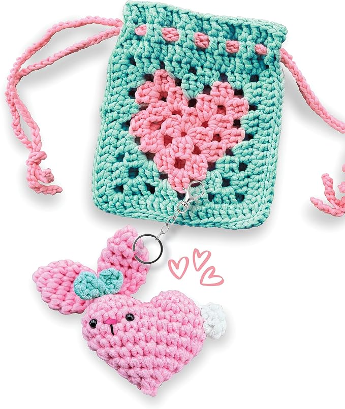 Wimmsie Crochet Animal Kit for Beginners - Easy Granny Square Crochet Kit for Beginners Kids & Adults - Cute Amigurumi Heart Bunny Keychain & Mini Heart Purse - Step by Step Video Tutorials