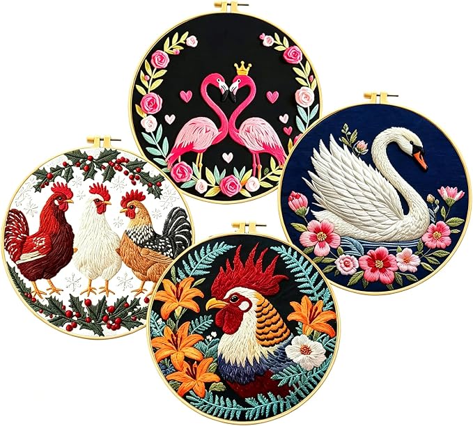 Zhenqing 4-Piece Bird Embroidery Kit for Beginners, Flamingo Swan Chicken Rooster Needlework Set with Pre-Printed Cotton Fabric, Hoop, Threads & Tools, Bird Lover Wall Decor (C0180)