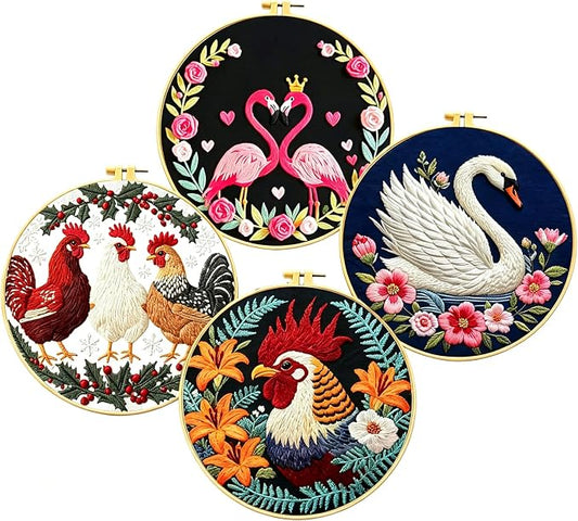 Zhenqing 4-Piece Bird Embroidery Kit for Beginners, Flamingo Swan Chicken Rooster Needlework Set with Pre-Printed Cotton Fabric, Hoop, Threads & Tools, Bird Lover Wall Decor (C0180)