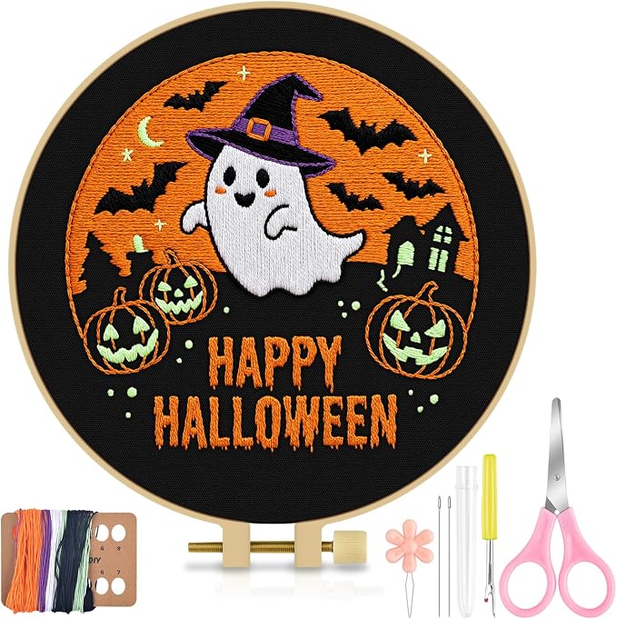 TINDTOP Halloween Embroidery Kit for Adult, Embroidery DIY Starter Kit, with Stamped Patterns, Hoop, Tools, Colorful Threads with Needles, Instructions (Halloween B)