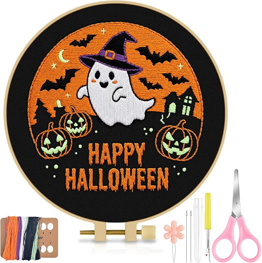 TINDTOP Halloween Embroidery Kit for Adult, Embroidery DIY Starter Kit, with Stamped Patterns, Hoop, Tools, Colorful Threads with Needles, Instructions (Halloween B)