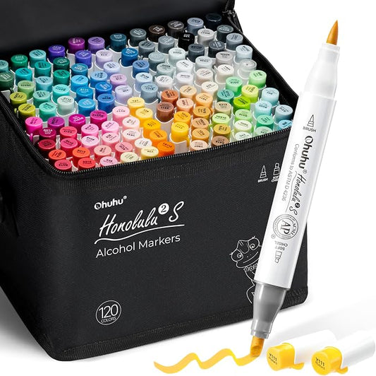 Ohuhu Alcohol Markers 120 Colors Brush& Soft Chisel for Adult Cozy Coloring | AP Certified Refillable Alcohol-based Ink, Drawing Markers for Artists Beginners Coloring Illustration Sketching, Honolulu 2S