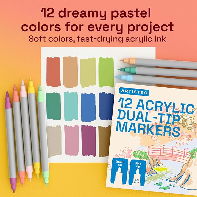 ARTISTRO 12 Pastel Dual-Tip Acrylic Paint Marker Pens for Drawing | For Fabric, Rock, Glass, Wood, & Molds, Arts & Crafts Gift for Adults, Teens, & Kids, Classroom Must Haves & School Supplies