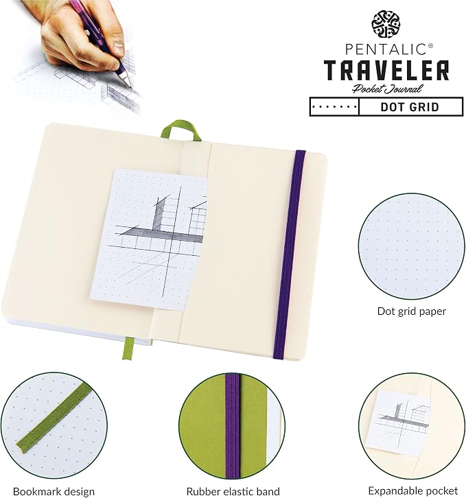 Pentalic 4 x 6" Pocket Dot Grid Traveler Journal, 160 Pages, Olive Green