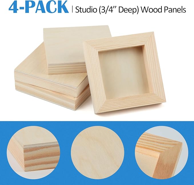 Falling in Art 4 Pack 4x4’’ Unfinished Birch Wood Panels Kit for Painting | Studio 3/4’’ Deep Wooden Canvas, Cradle Boards for Acrylic Pouring, Art, Crafts, Epoxy Resin, Laser Engraving Cutting