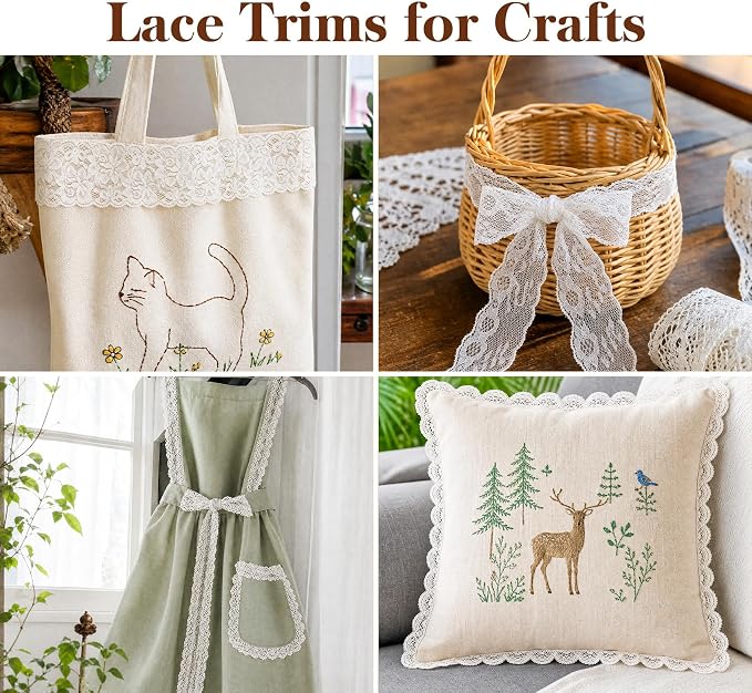 ilauke White Lace Ribbon, 8 Rolls Vintage Lace Trims 0.5 to 2.36 inch Width