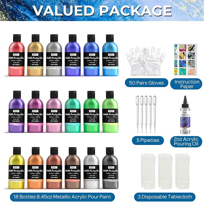 Nicpro 18 Colors 8.45oz Large Volume Metallic Acrylic Pour Paint Kit