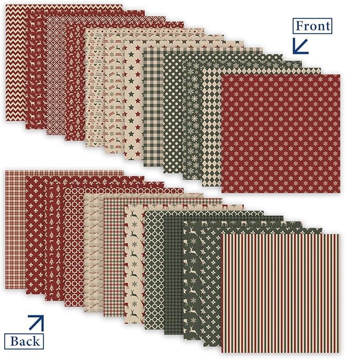 24 Pack Christmas Pattern Paper 12x12 Merry Christmas Scrapbook Double-Sided Plaid Craft Paper Folded Flat for DIY Card Making Scrapbooking Photo Album
