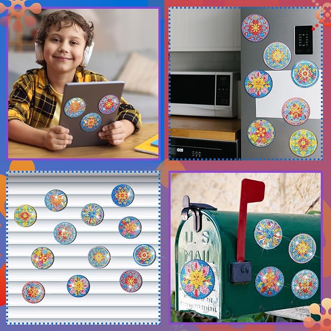 Zonon 12 Pcs Diamond Art Magnets Mandala Diamond Painting Kits Fridge | Multicolor Mandala Flowers, Painting Magnetic Stickers for Adults, Fridge Home Decor, Art Kit with Colorful Designs