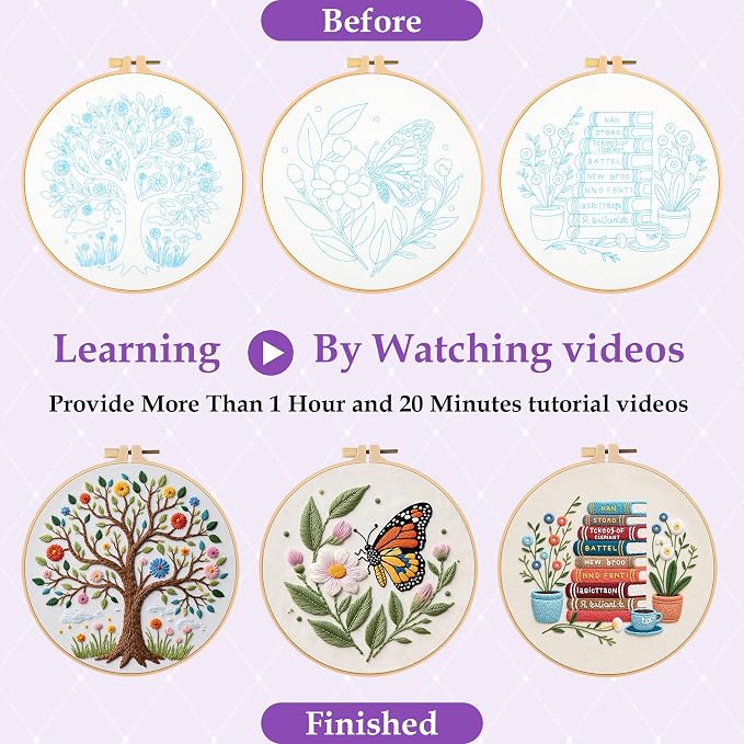 Uniartfy 3 Set Embroidery Kit for Beginners, Butterfly Tree Book Patterns