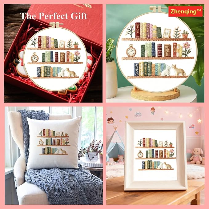 Zhenqing Book Lover Embroidery Kit for Beginners, Cozy Bookshelf Needlework Craft with Pre-Printed Cotton Fabric, Hoop, Threads & Tools, Reading Nook Decor (C0207)